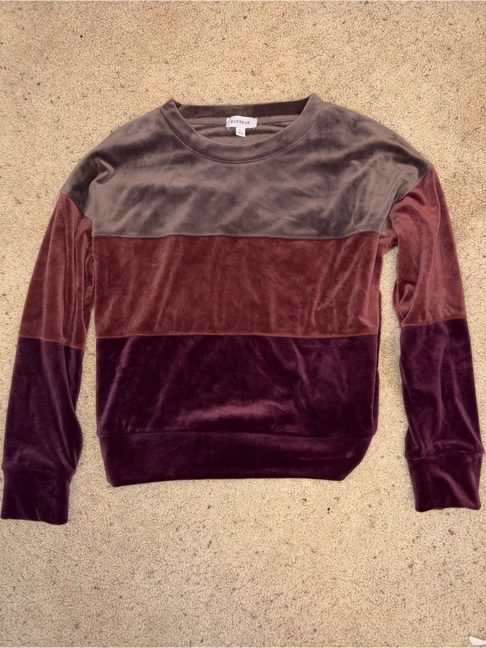 EVEREVE Colorblock Velour Pullover Sweatshirt Velvet Maroon Gray Size L